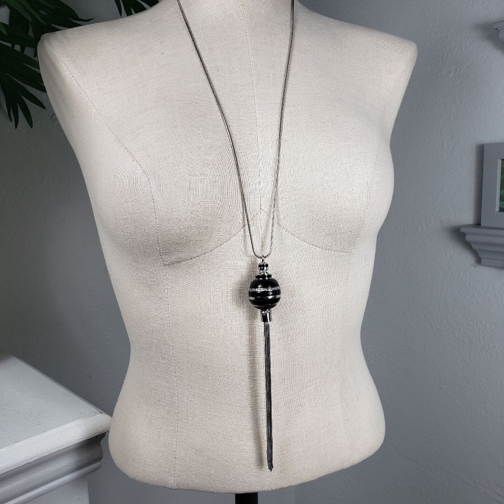 Chico's Black Enamel Sphere with Silver details Tasseled  on a Serpentine Chain
